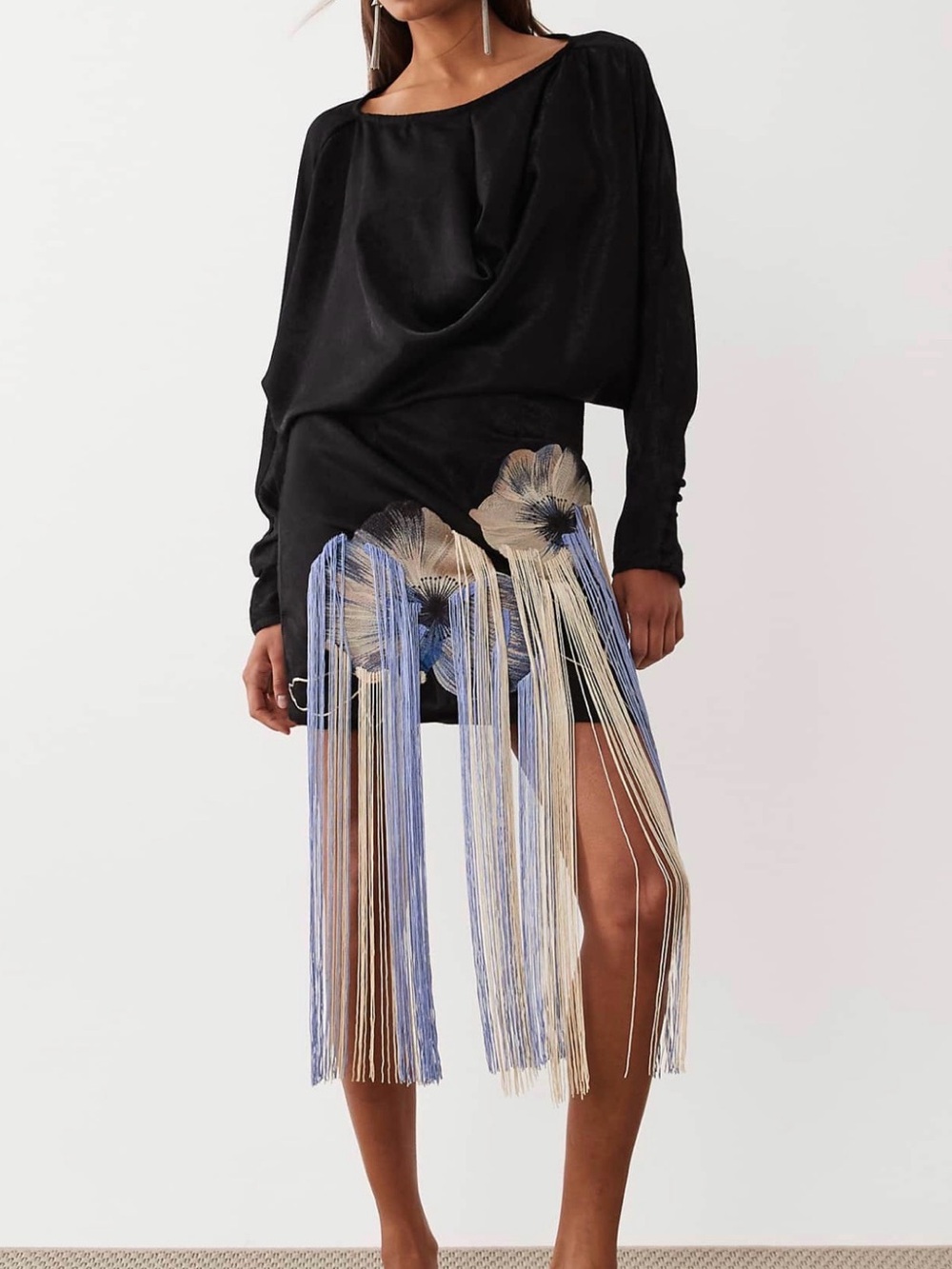 ASOS Black Mini Dress with Blue and Cream Fringe Floral Detail NWT